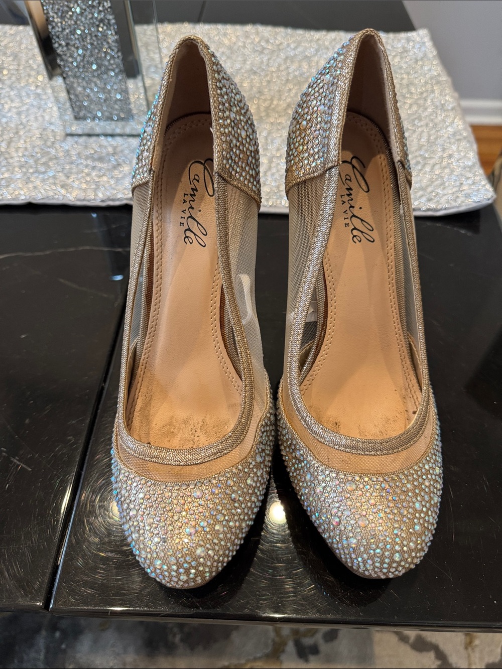 Camille La Vie Crystal-Embellished Gold Mesh Pumps
